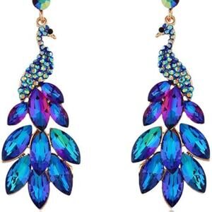 Peacock Dangle Earrings 14K Gold Plated Multicolors Crystal Feather